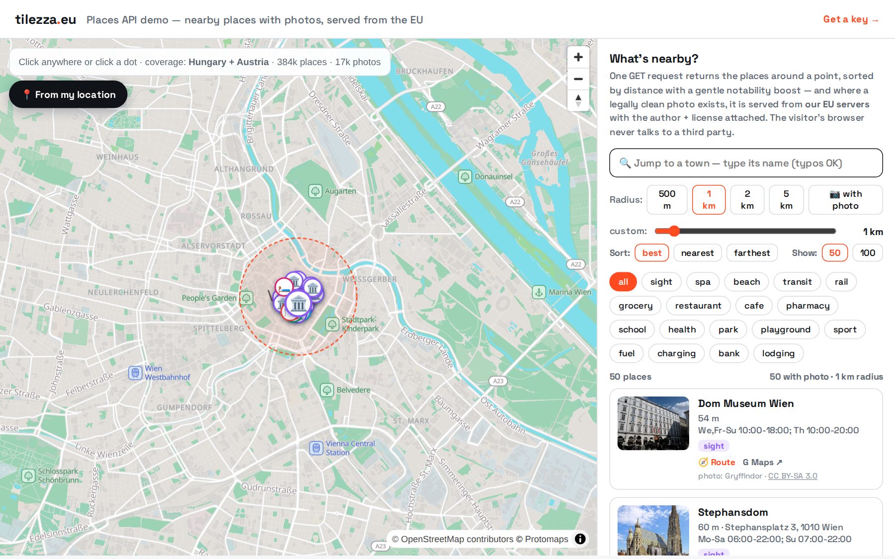 Live places demo: nearby sights in Vienna with photos